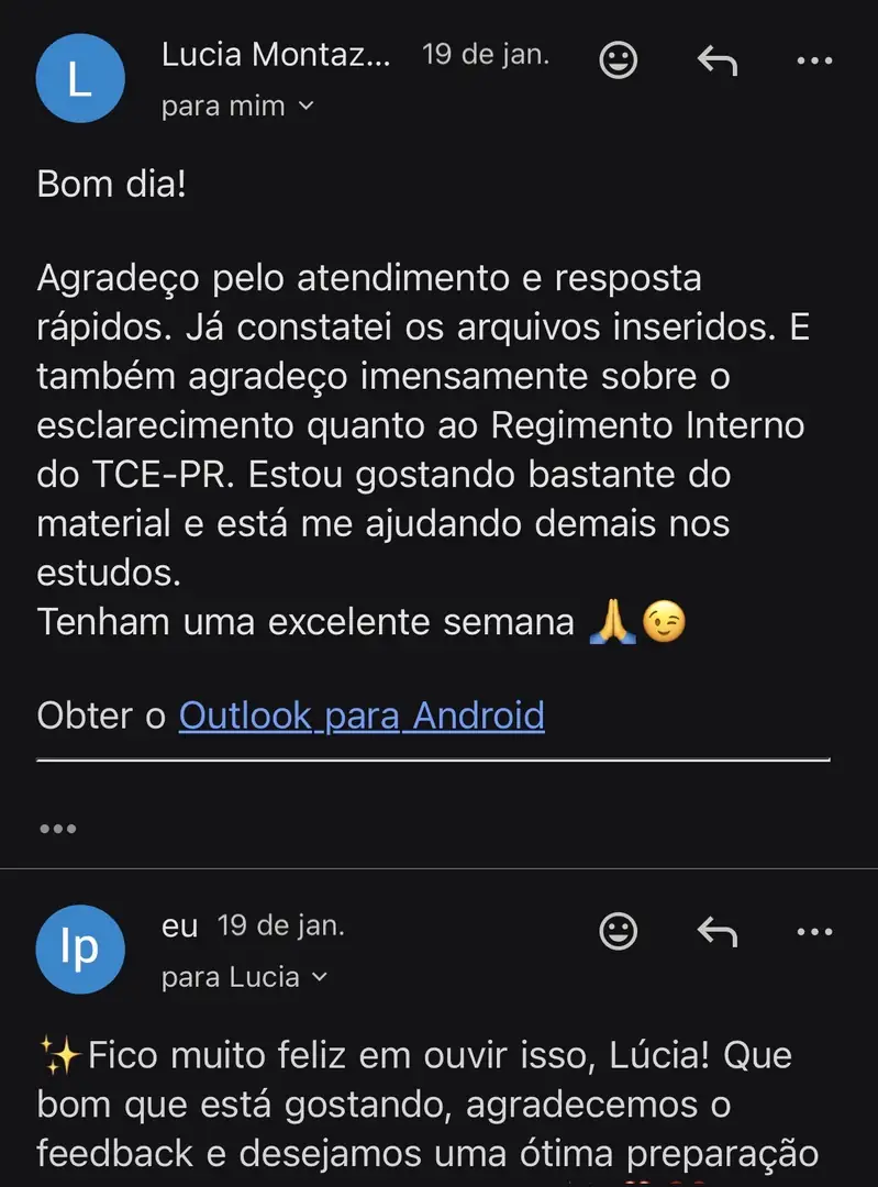 Cliente agradece o atendimento rápido, os esclarecimentos e o material para o TCE-PR.