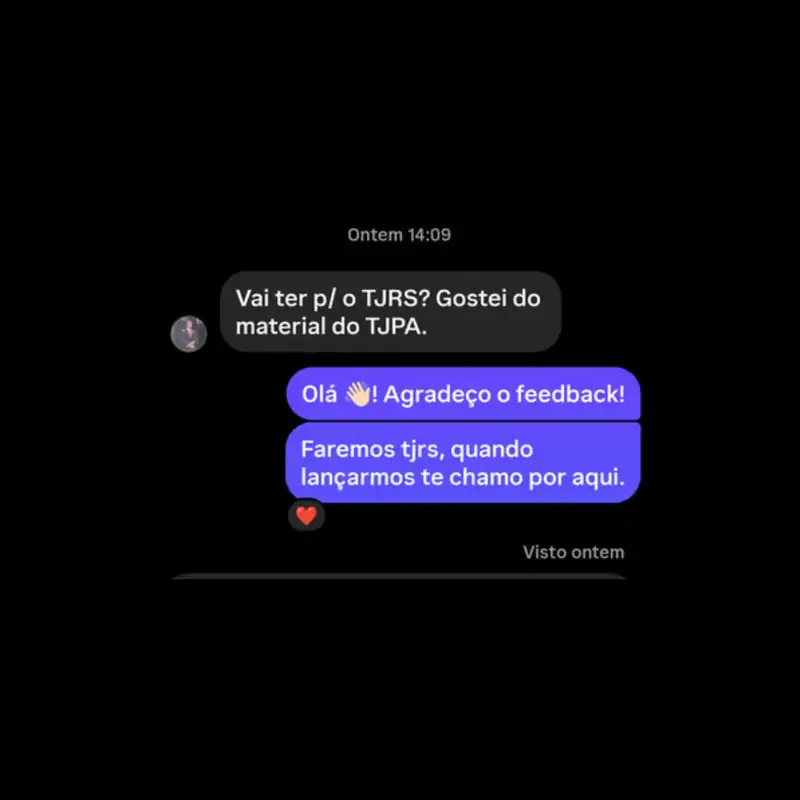 Depoimento de cliente em conversa com a ipquestoes sobre materiais de concursos.