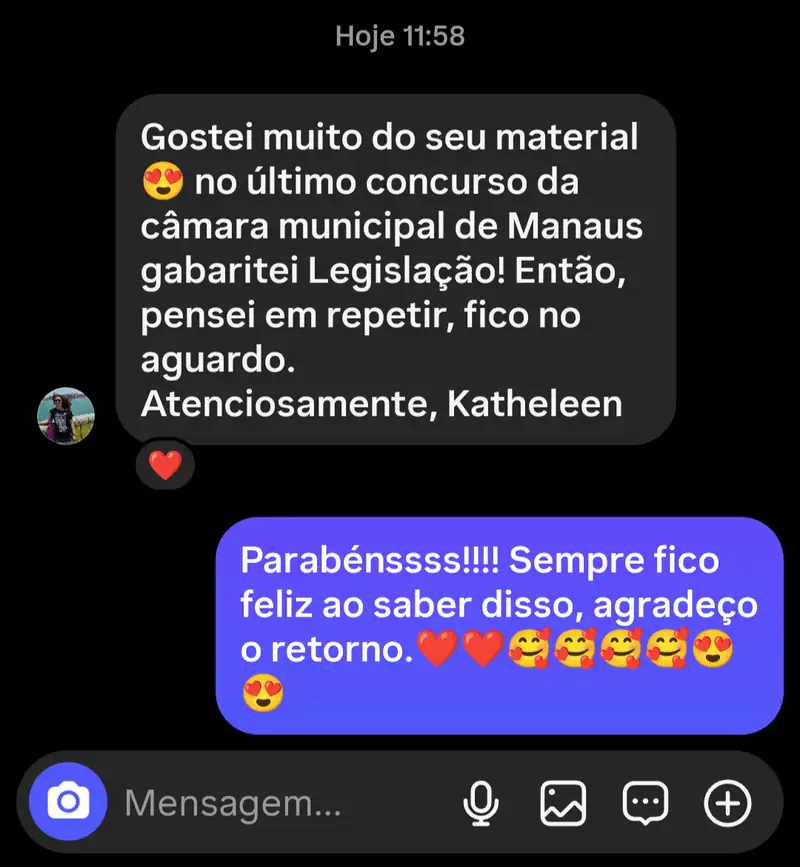 Depoimento de Kathleen: gostou do material e relata ter gabaritado legislação no concurso da Câmara Municipal de Manaus.